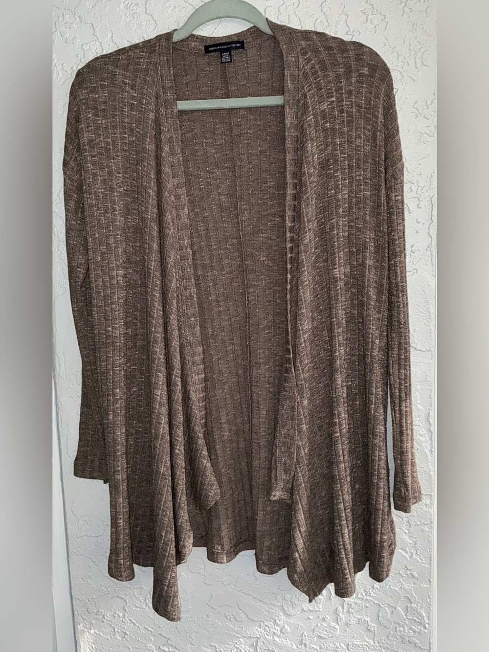American Eagle Open Front Ribbed Cardigan in Heathered Taupe